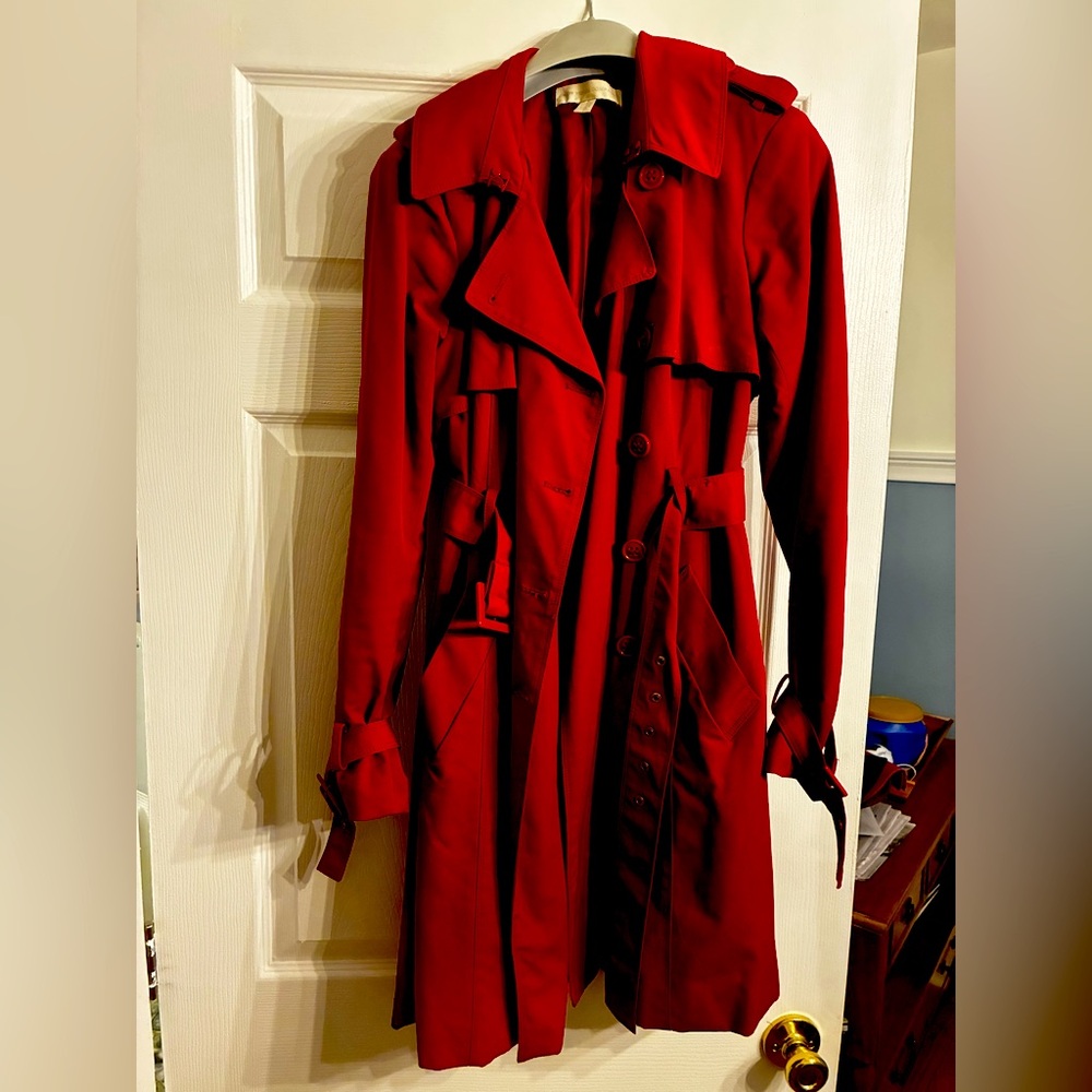 New York & Company Red Trench Coat with Belted Waist